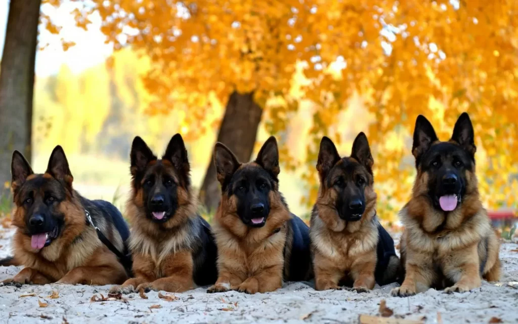 Много подростков немецкой овчарки в осеннем пейзаже