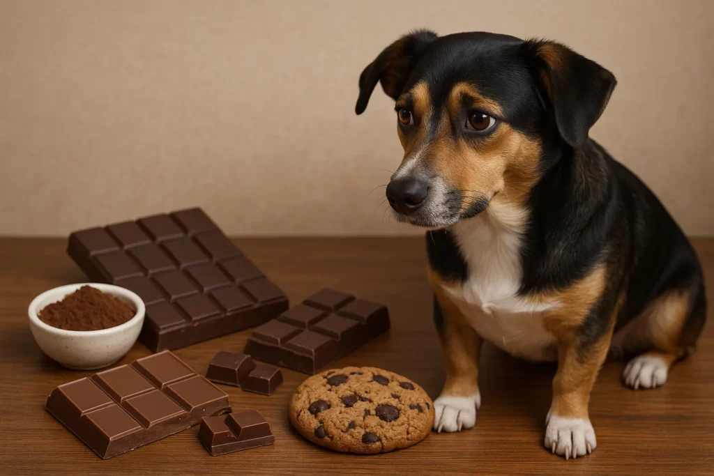 собака с шоколадом и шоколадным печеньем, которые ей нельзя