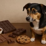 собака с шоколадом и шоколадным печеньем, которые ей нельзя
