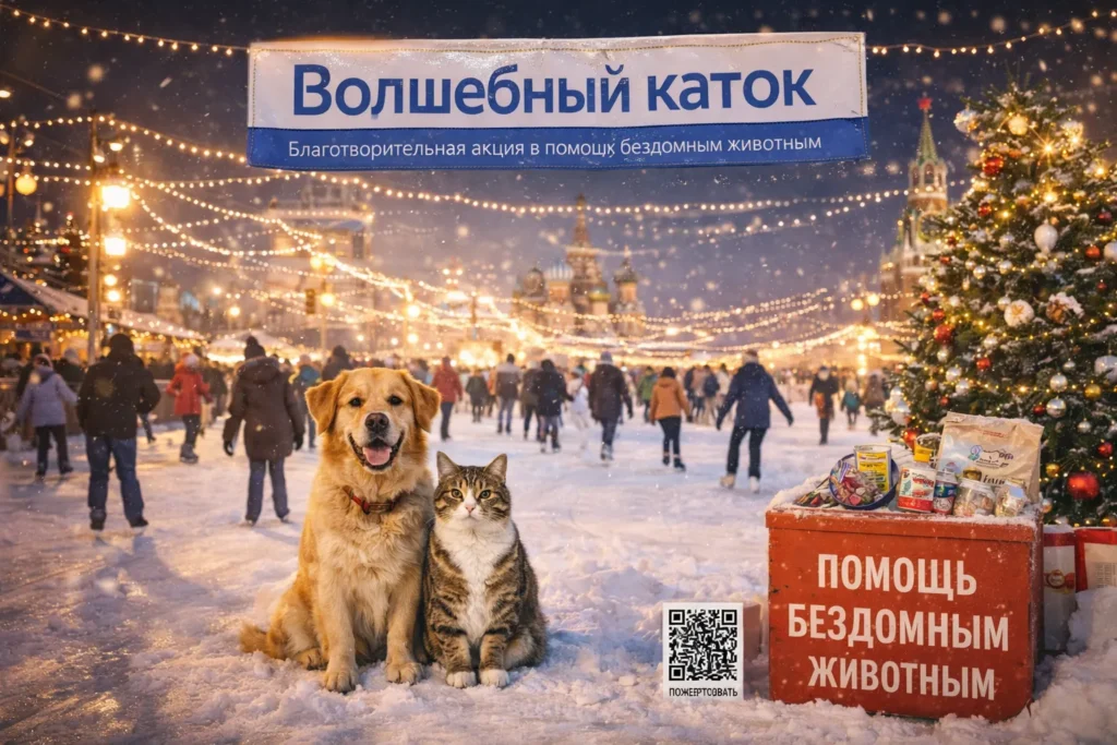 Зимний благотворительный каток с людьми на коньках и символами помощи бездомным животным в праздничной городской атмосфере
