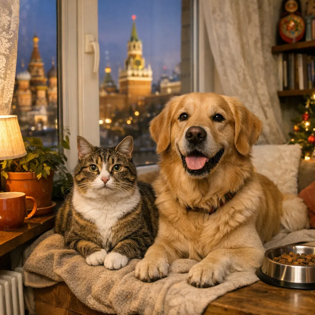кот и собака на подоконнике в тёплой квартире на фоне вечернего города, символизирующее дружбу человека и домашних животных