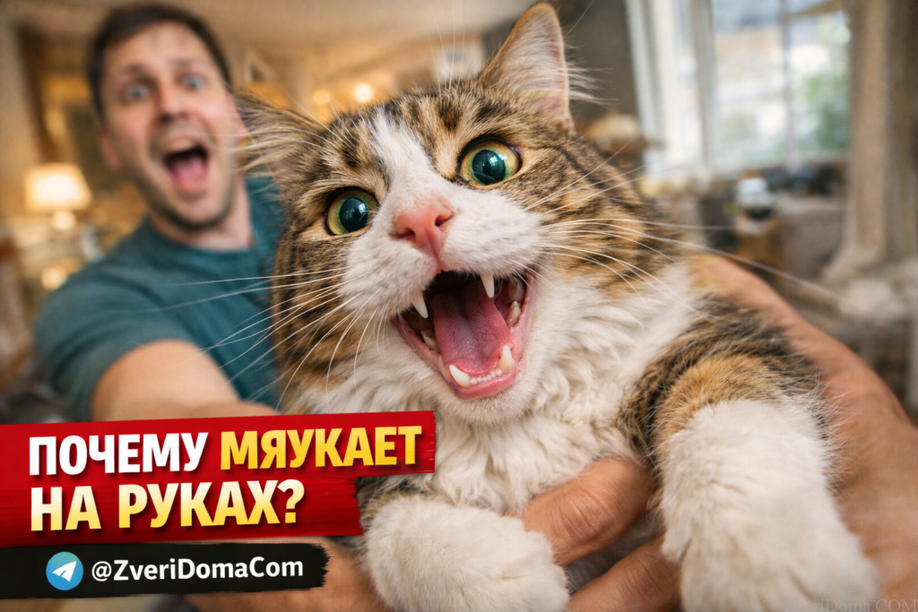 кошка мяукает на руках