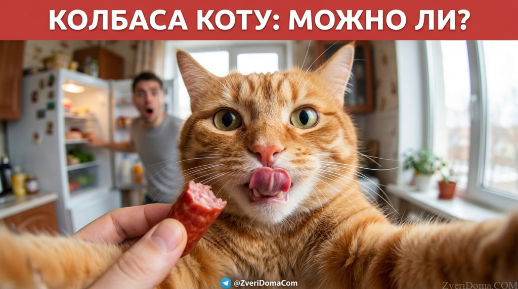 Кошка рассматривает кусочек колбасы, вопрос о безопасности корма