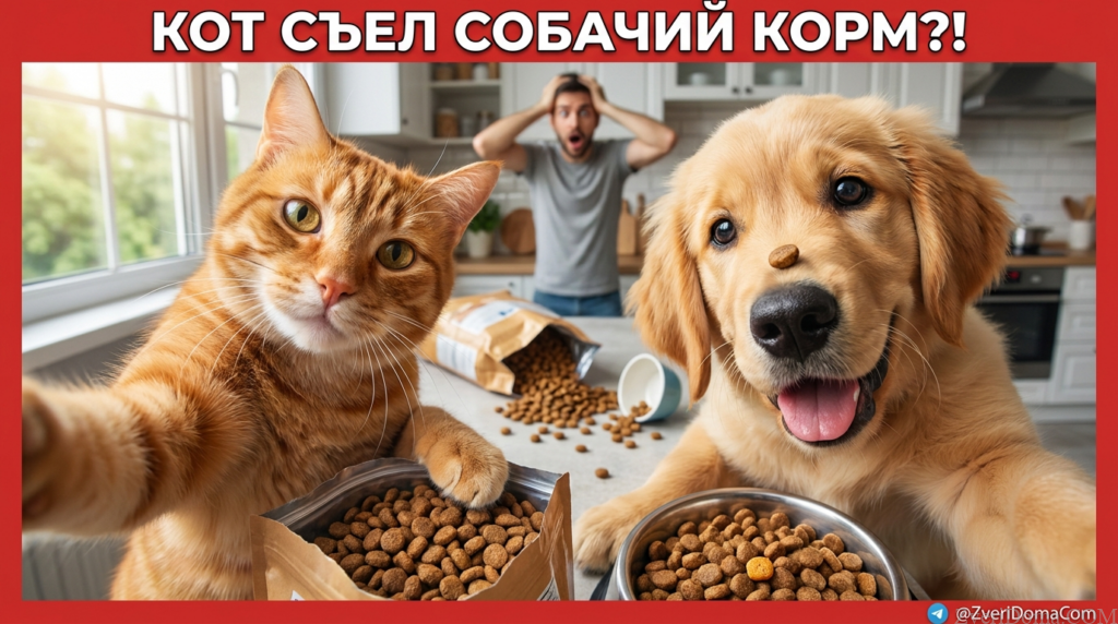Кошка и собака рядом, обсуждение корма для домашних животных.