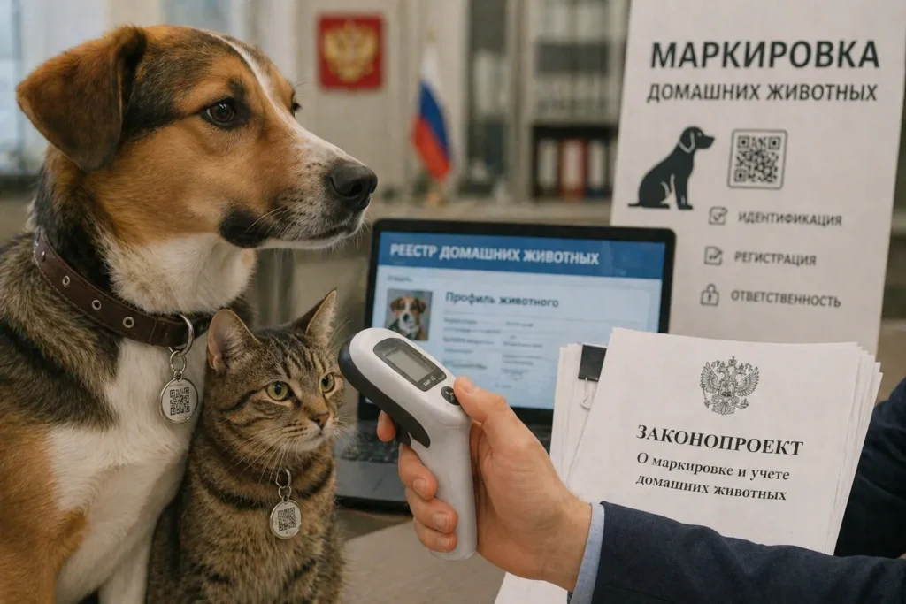 Собака и кошка на ветеринарном осмотре во время проверки микрочипа как иллюстрация маркировки домашних животных
