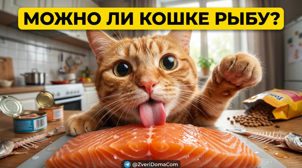 Кошка ест рыбу, стоит отметить, какую рыбу можно давать кошкам