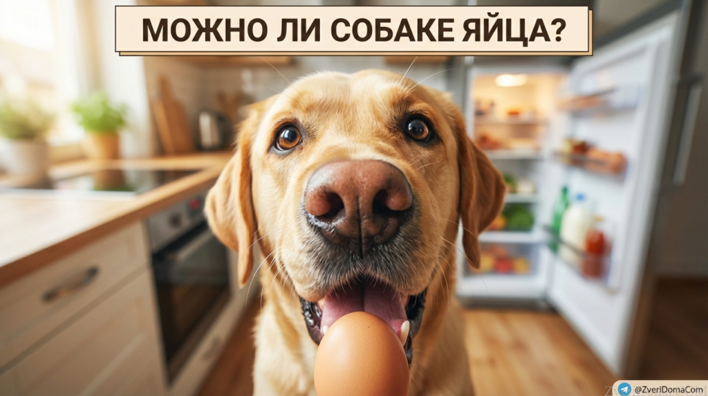 Собака ест куриное яйцо, полезное лакомство для питомцев.