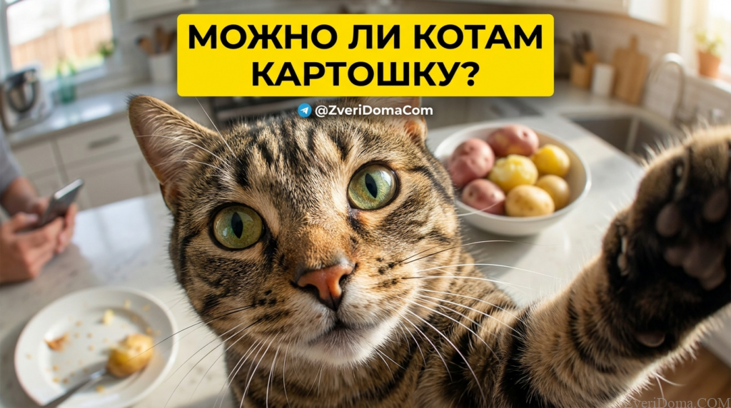 Кошка пробует варёную картошку, вопросы о безопасности картошки для питомцев.