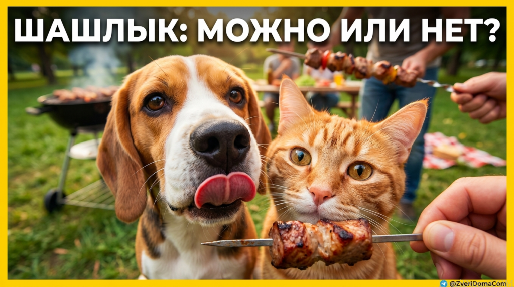 Собака и кошка смотрят на шашлык на столе, можно ли давать им шашлык?