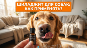 Собака на фоне упаковки мумие, которое можно использовать для животных.