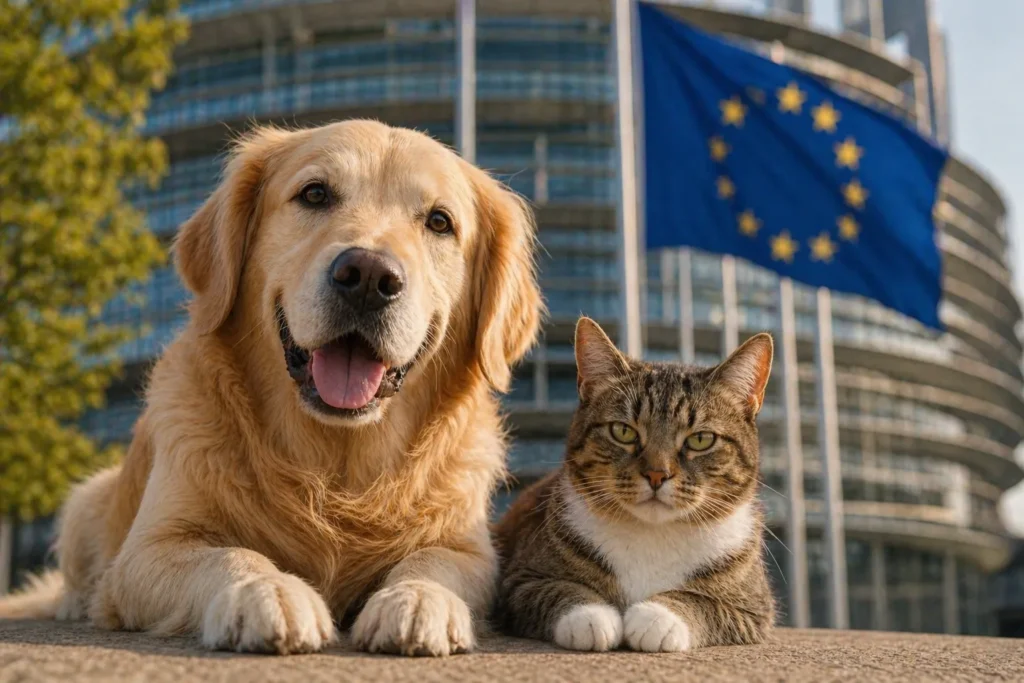 Собака и кошка на фоне здания Европарламента и флага ЕС как символ новых правил защиты домашних животных