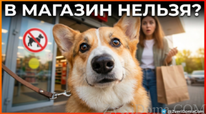 Собака в рюкзаке у двери магазина, обсуждение правил входа с питомцами.