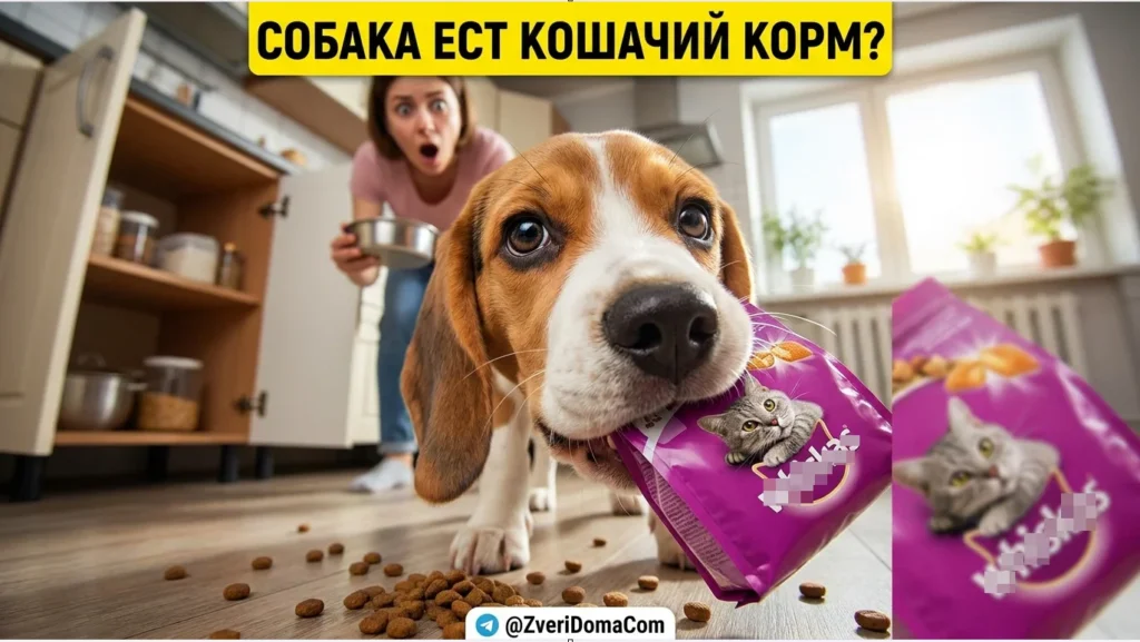собака с пачкой кошачьего корма в зубах