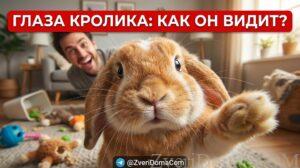 Декоративный кролик с характерными большими глазами на зеленом фоне, изучающий окружающий мир.