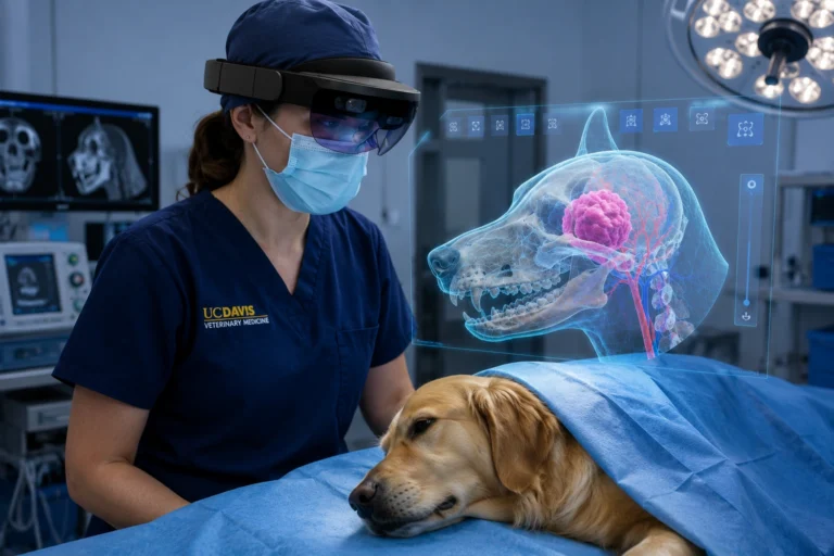 Ветеринар в AR-очках использует 3D-визуализацию при сложной операции у собаки