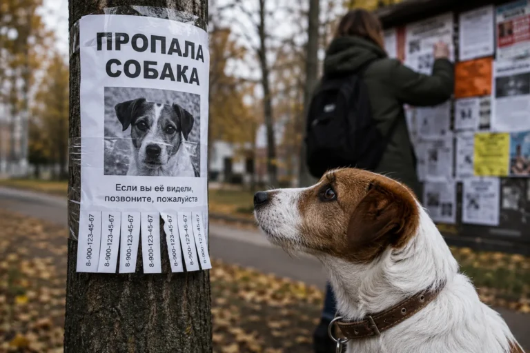 Владелец ищет потерявшегося питомца в городском парке, рядом собака на поводке и осенняя улица без надписей