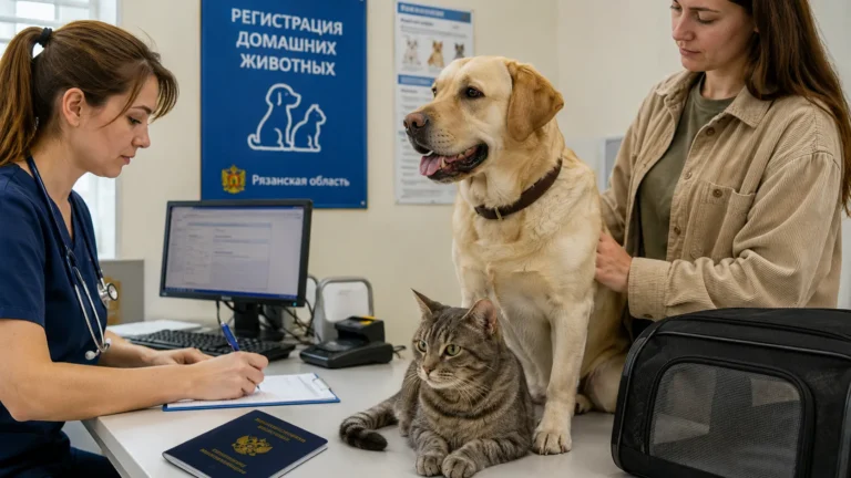 Собака и кошка на приеме у ветеринара во время регистрации домашнего животного в Рязанской области
