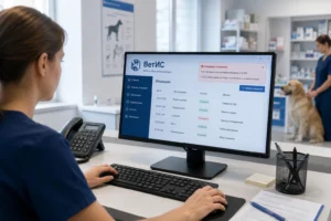 Ветеринарный специалист работает за компьютером в клинике с системой ВетИС