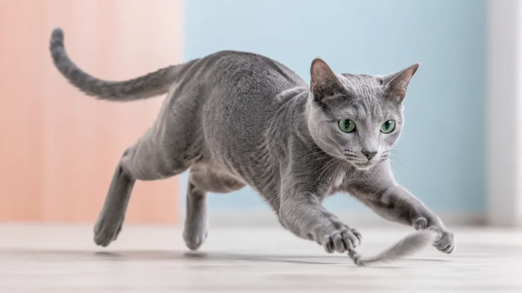 Русская голубая кошка играет
