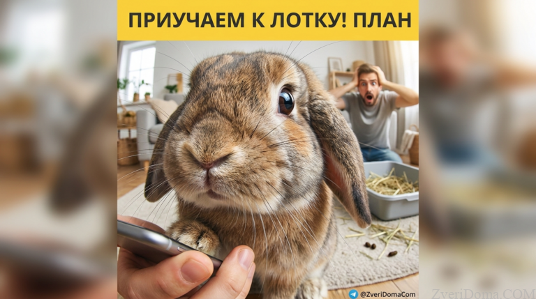 Декоративный кролик у лотка, метод приучения к туалету