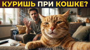 Кошка на окне, рядом с курящим человеком, демонстрирующая опасность дыма