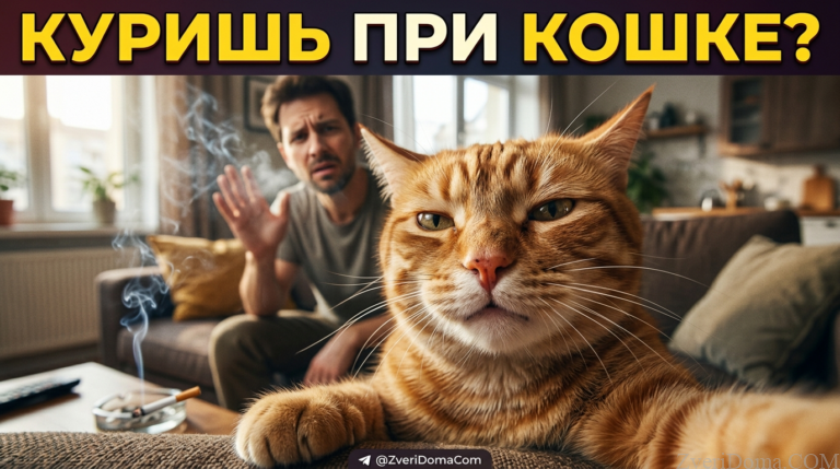 Кошка на окне, рядом с курящим человеком, демонстрирующая опасность дыма